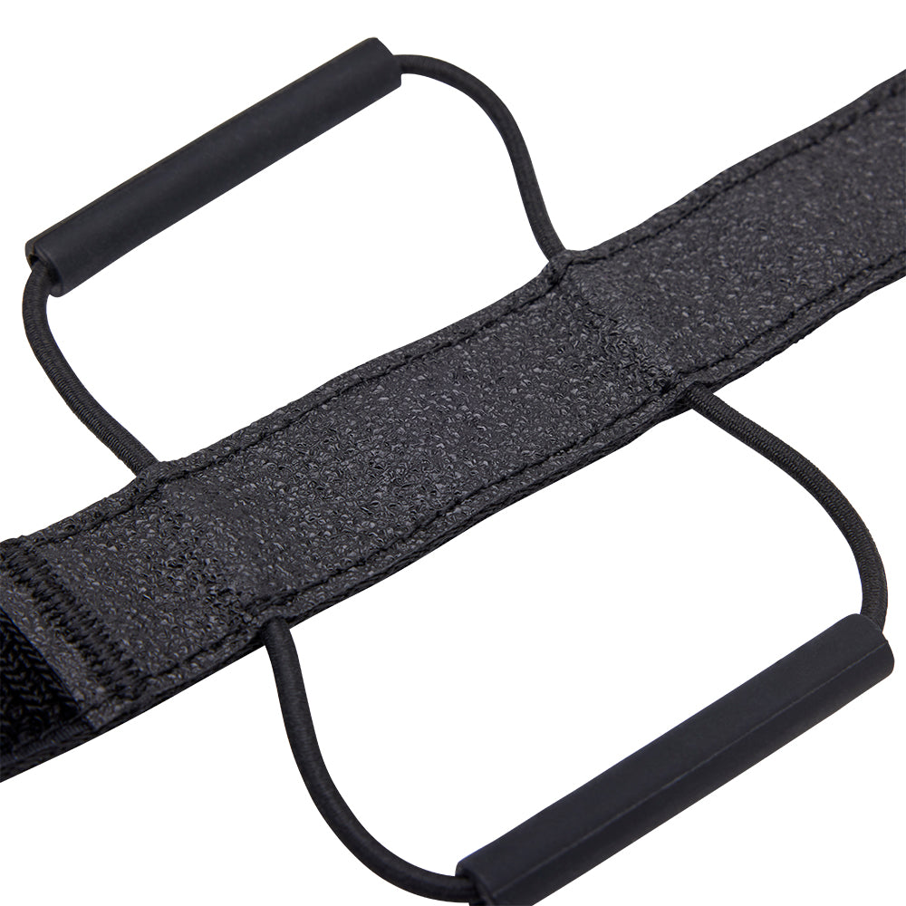 Black headband with adjustable straps on a white background