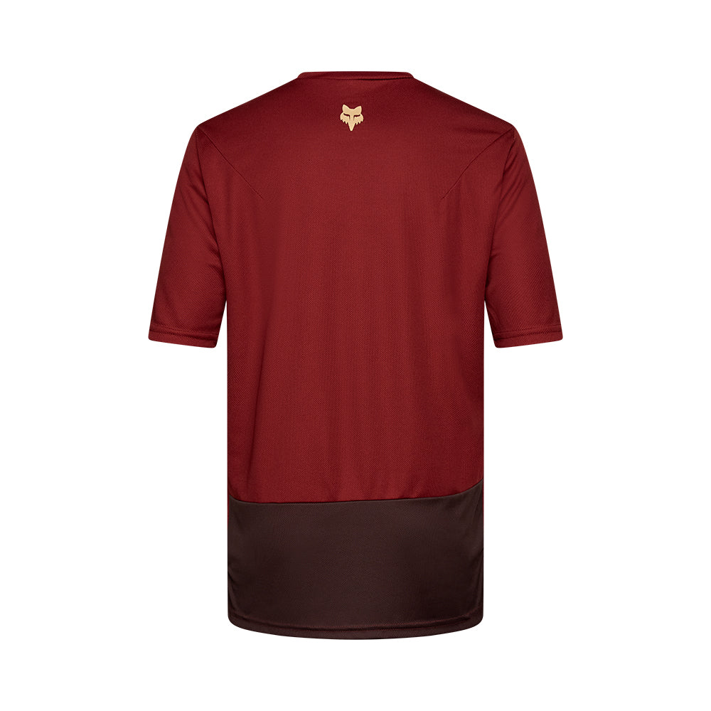 Maroon t-shirt with a logo on a white background