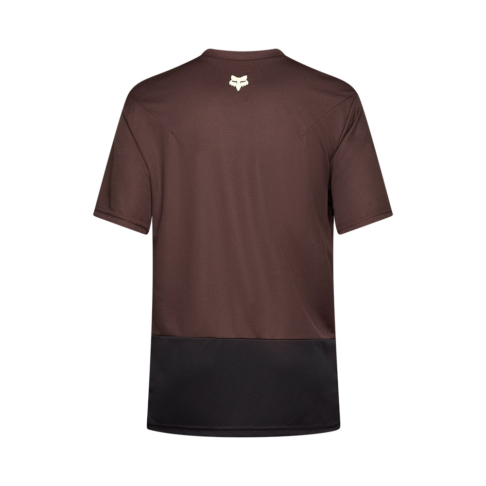 Brown t-shirt with black bottom section on a white background