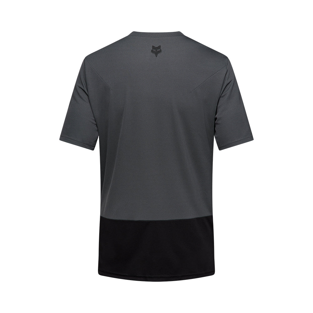 Gray t-shirt with black logo on the back on a white background