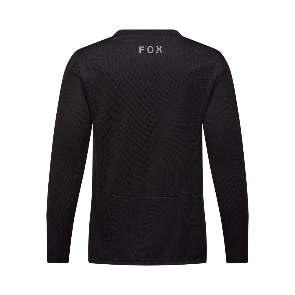 Black long-sleeve shirt with 'FOX' branding on the back against a white background