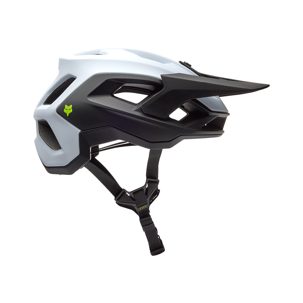 White and black helmet with a visor on a white background