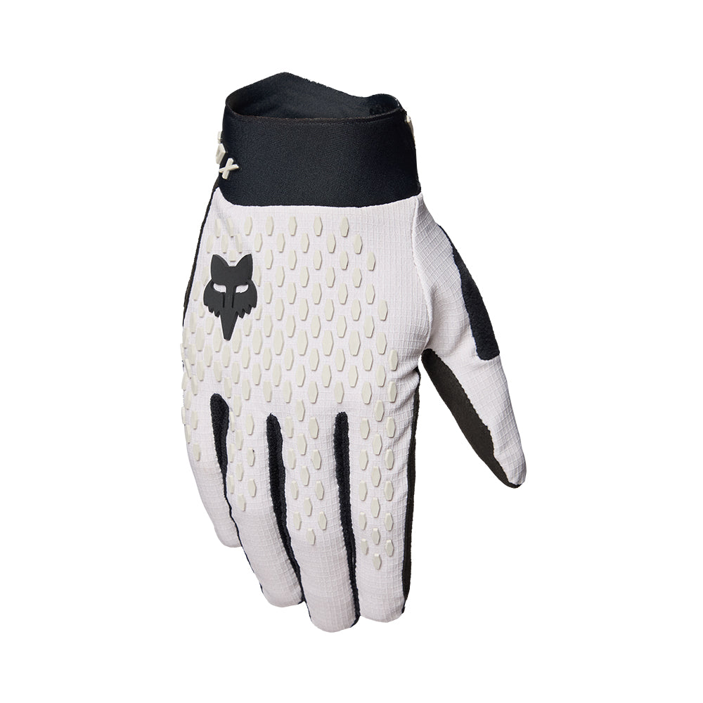 White glove with black accents and a logo on a white background