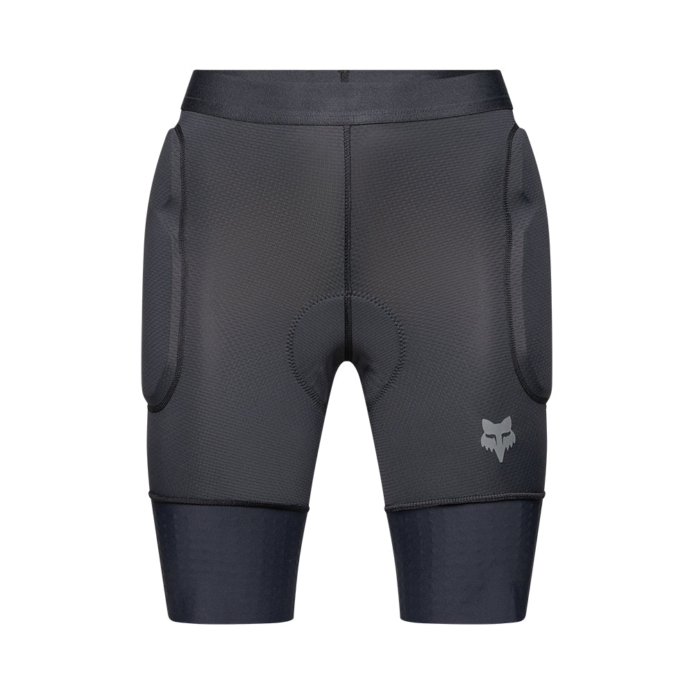 Black athletic shorts with a logo on a white background