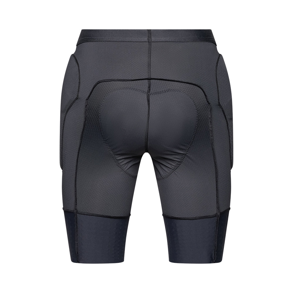 Black protective shorts with padding on a white background