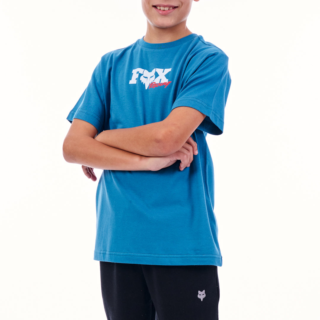 Child wearing a blue t-shirt with a logo on a white background