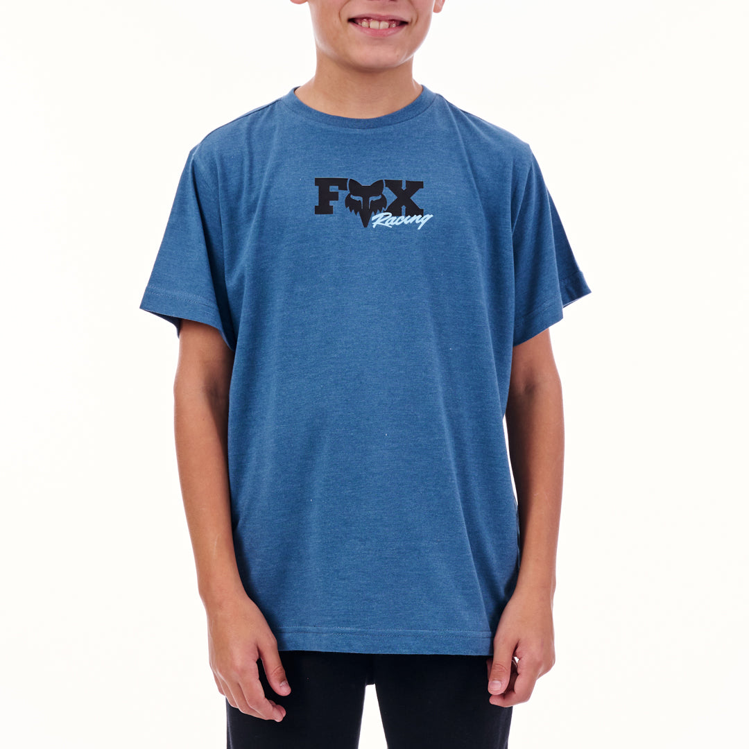 Child wearing a blue t-shirt with a logo on a white background