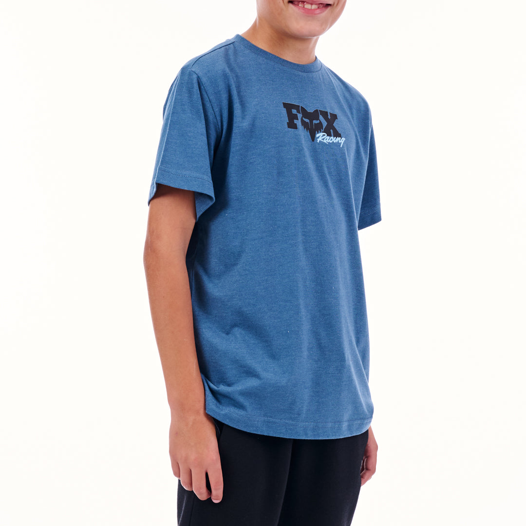 Person wearing a blue t-shirt with a logo on a white background