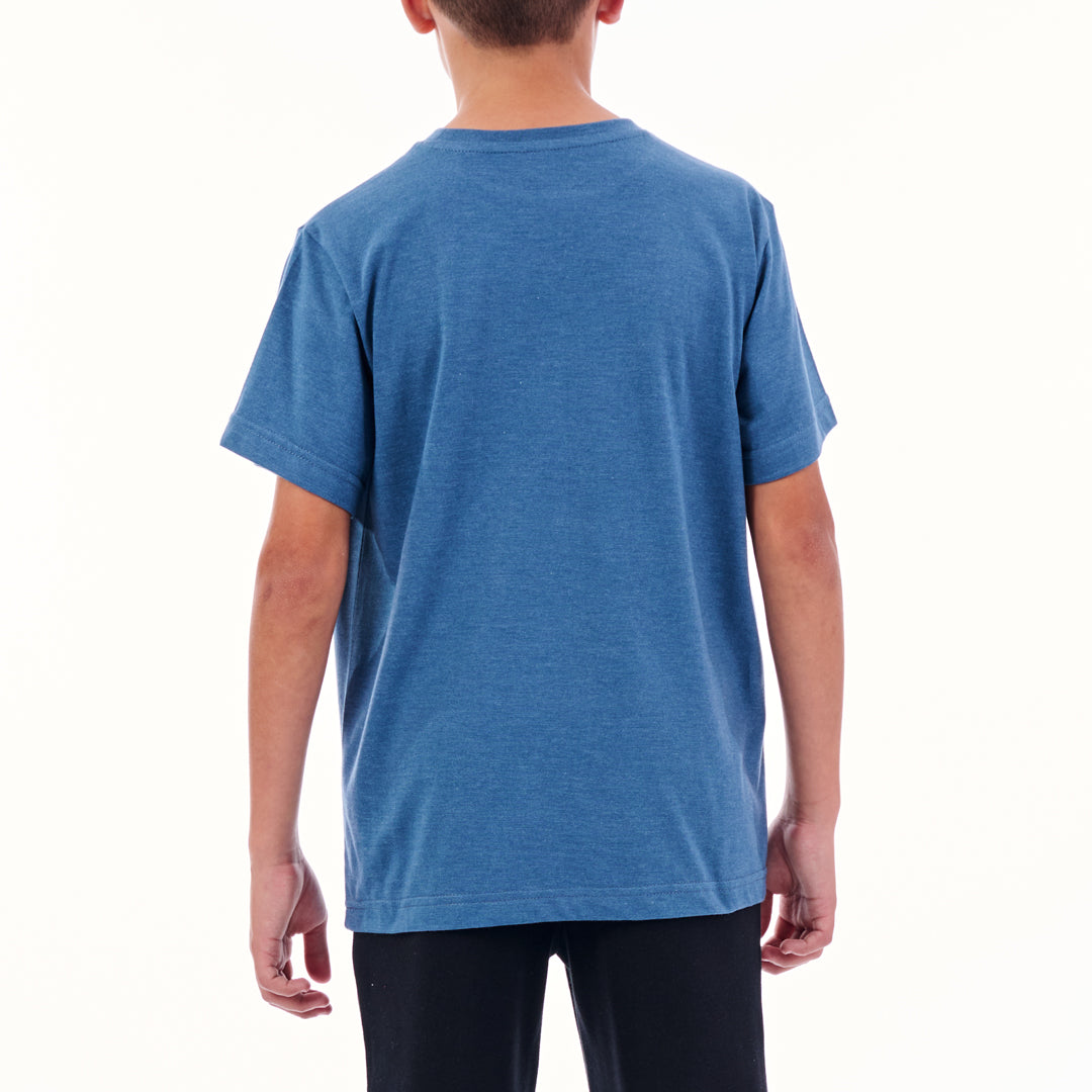 Person wearing a blue t-shirt on a white background