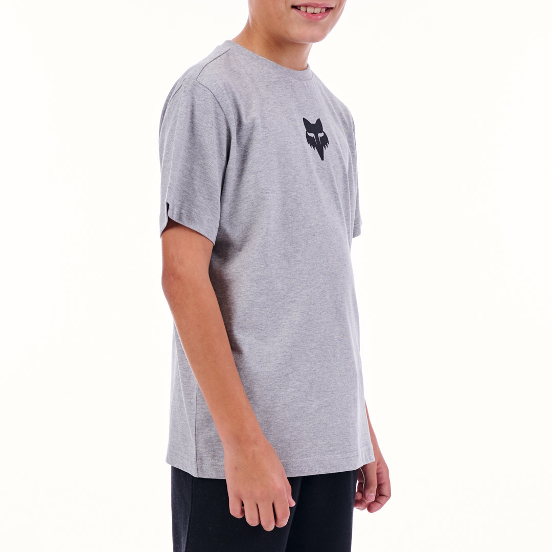 Person wearing a gray t-shirt with a black logo on a white background