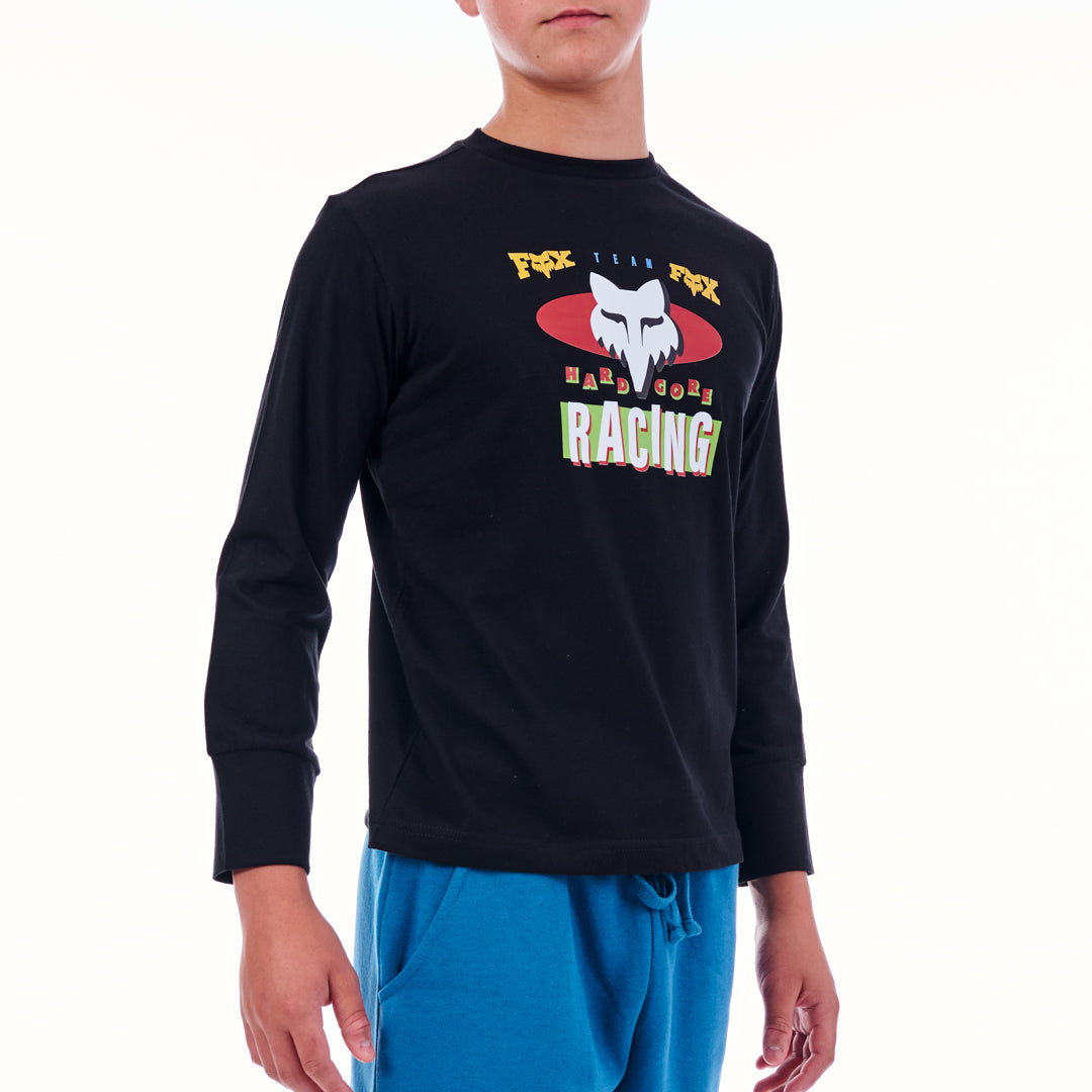 Black long-sleeve shirt with colorful graphic design worn by a person on a white background
