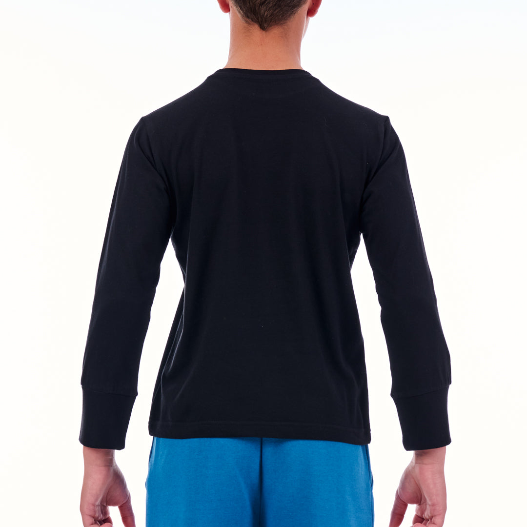 Person wearing a black long-sleeve shirt and blue pants on a white background
