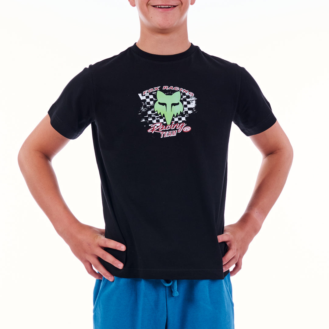 Person wearing a black t-shirt with a graphic design on a white background