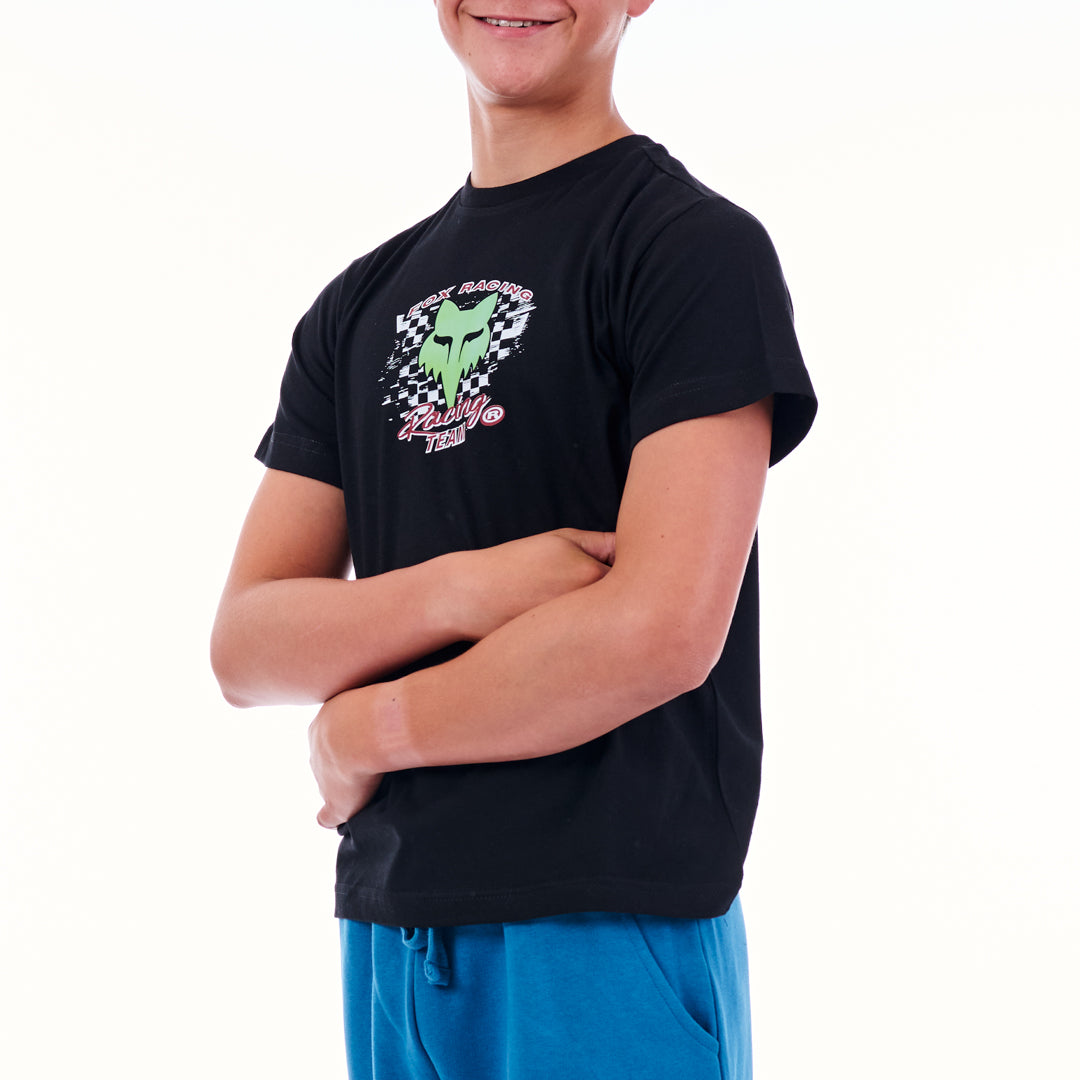 Person wearing a black t-shirt with a graphic design on a white background