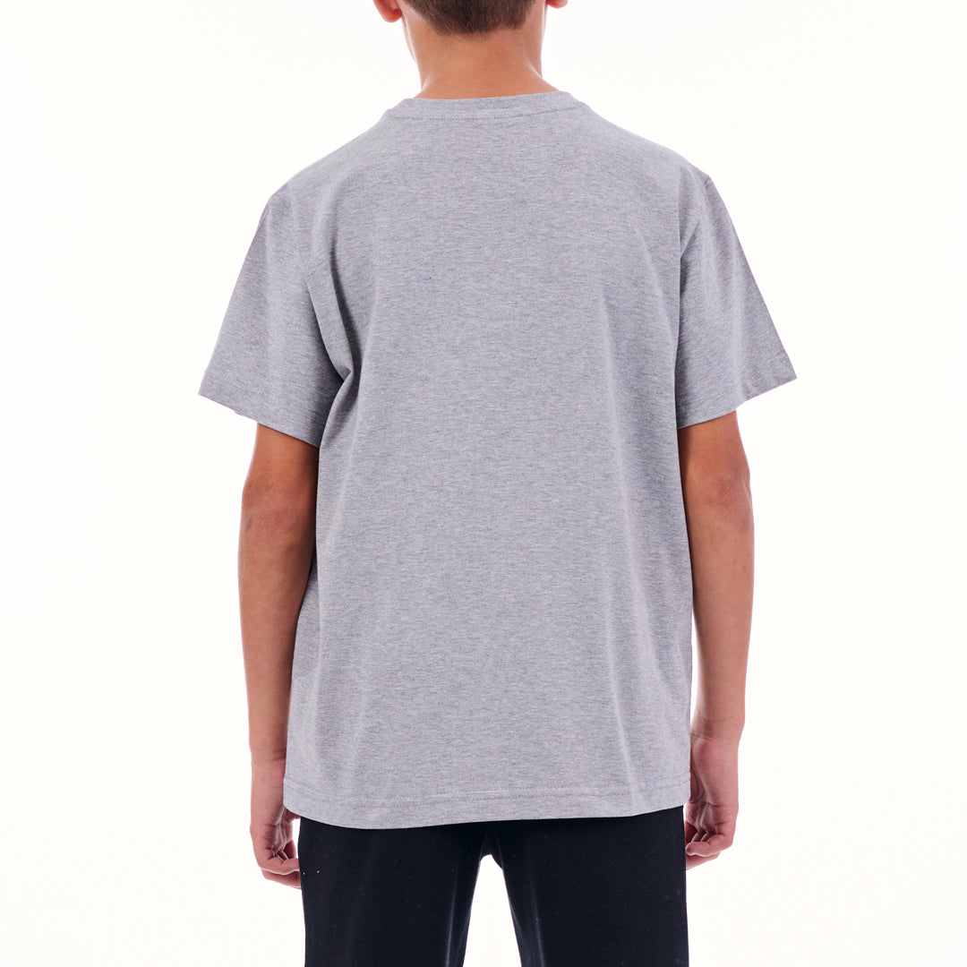 Person wearing a gray t-shirt on a white background