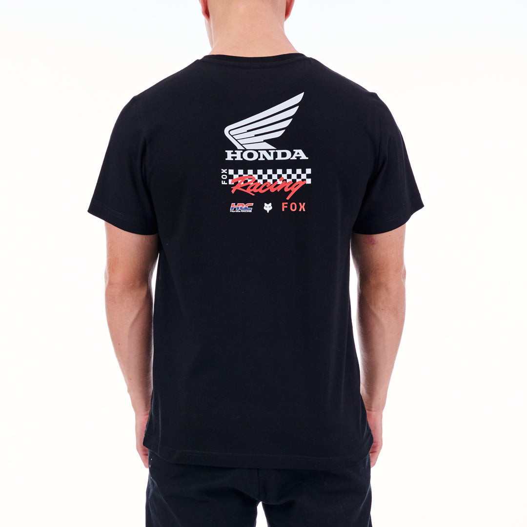 Black t-shirt with Honda Racing logo on the back, worn by a person against a white background