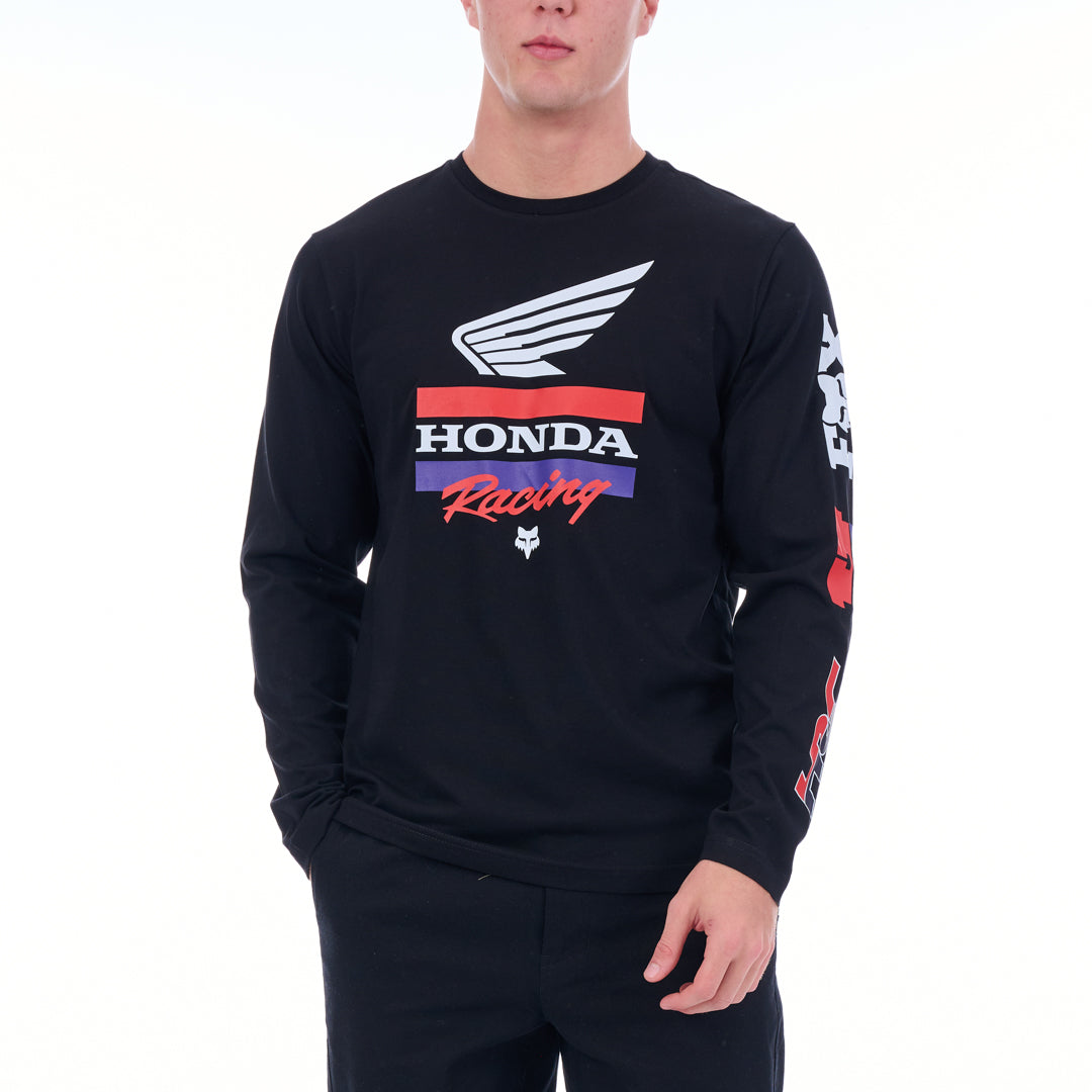 Person wearing a black long-sleeve shirt with Honda Racing logo on a white background