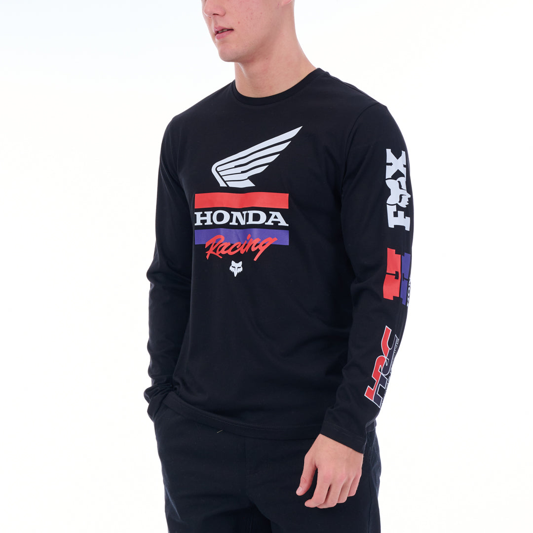Person wearing a black long-sleeve shirt with Honda Racing logo on a white background