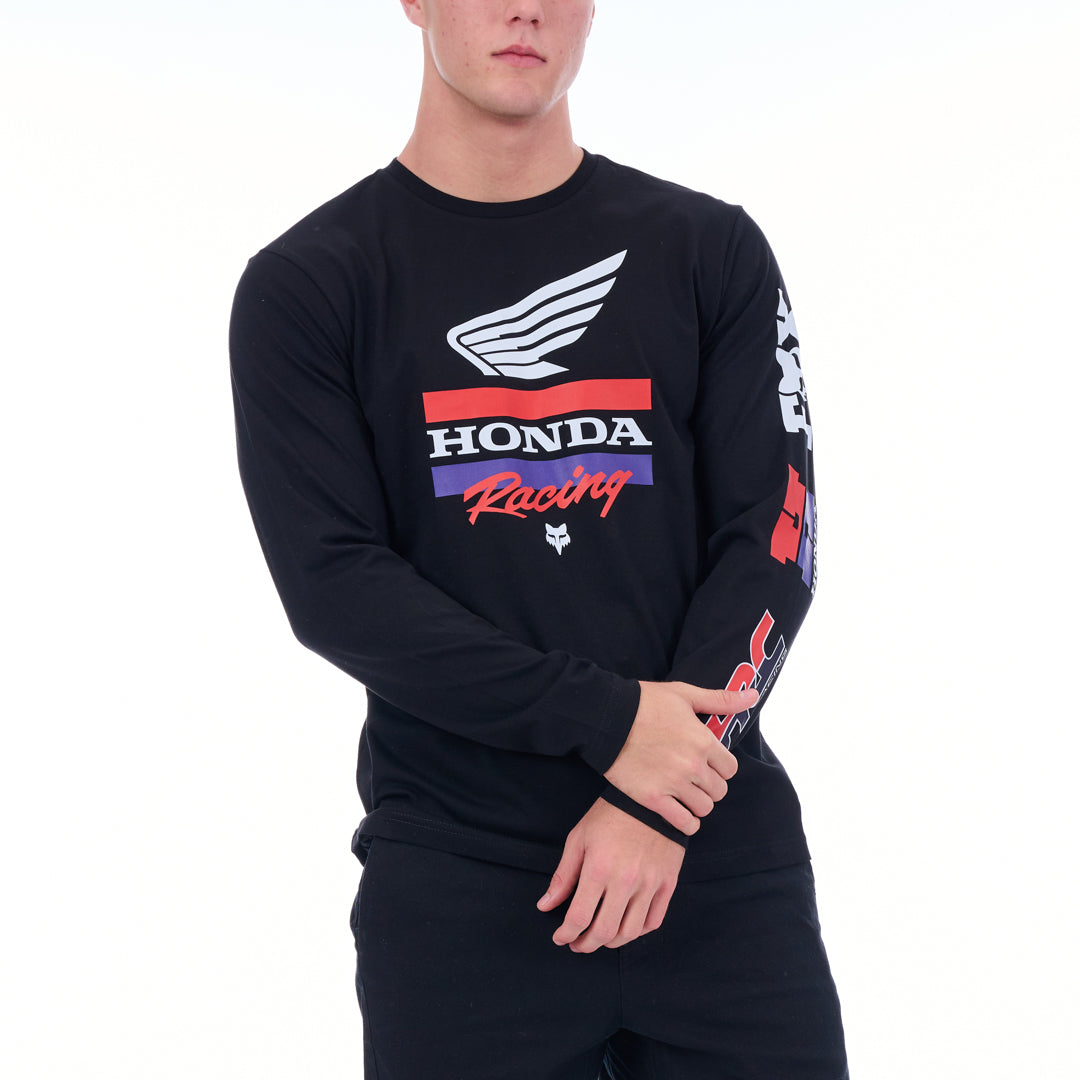 Person wearing a black long-sleeve shirt with Honda Racing logo on a white background
