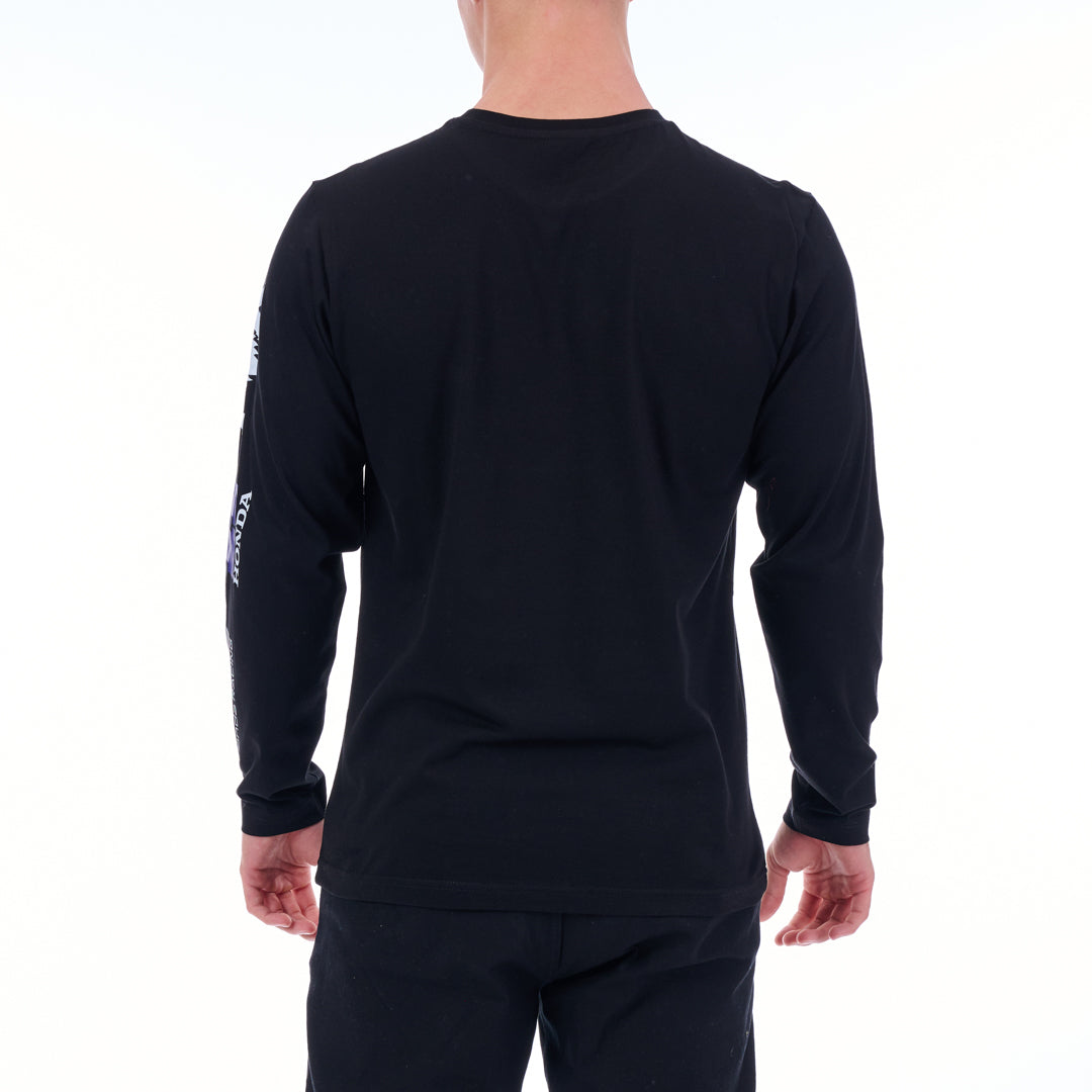 Person wearing a black long-sleeve shirt on a white background
