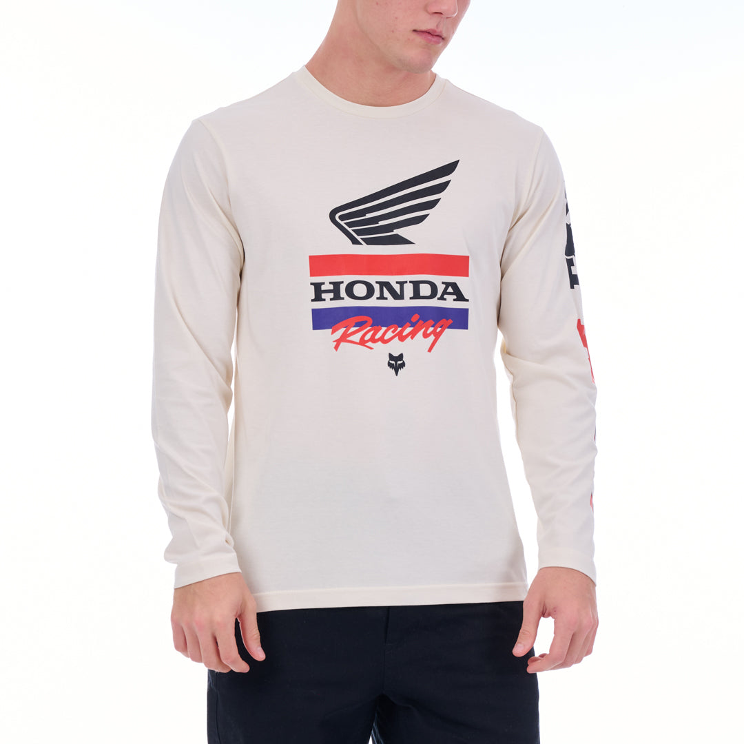Person wearing a white long-sleeve shirt with Honda Racing logo on a white background