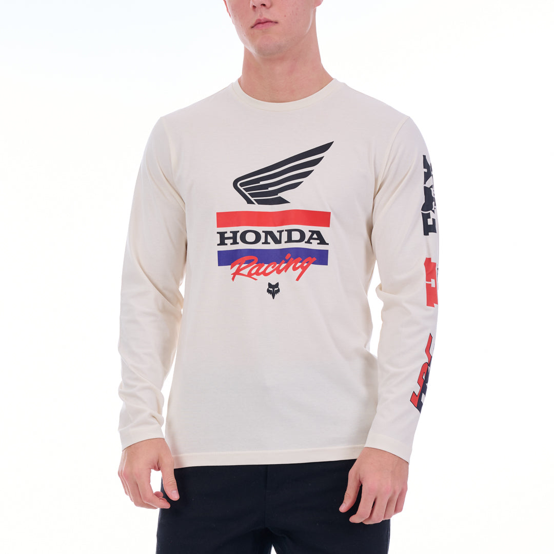 Person wearing a white long-sleeve shirt with Honda Racing logo on a white background