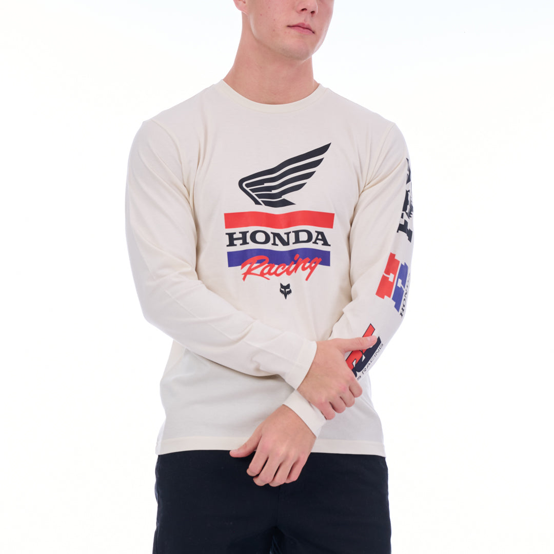 Person wearing a white long-sleeve shirt with Honda Racing logo on a white background