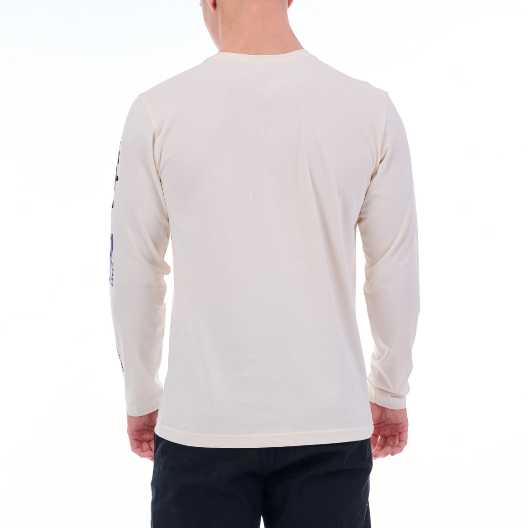 Person wearing a white long-sleeve shirt on a white background