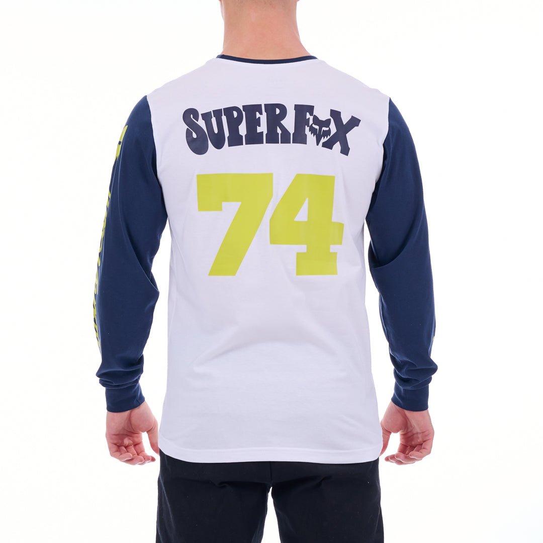 Long-sleeve shirt with 'Super Fox' and number '74' on the back, worn by a person.