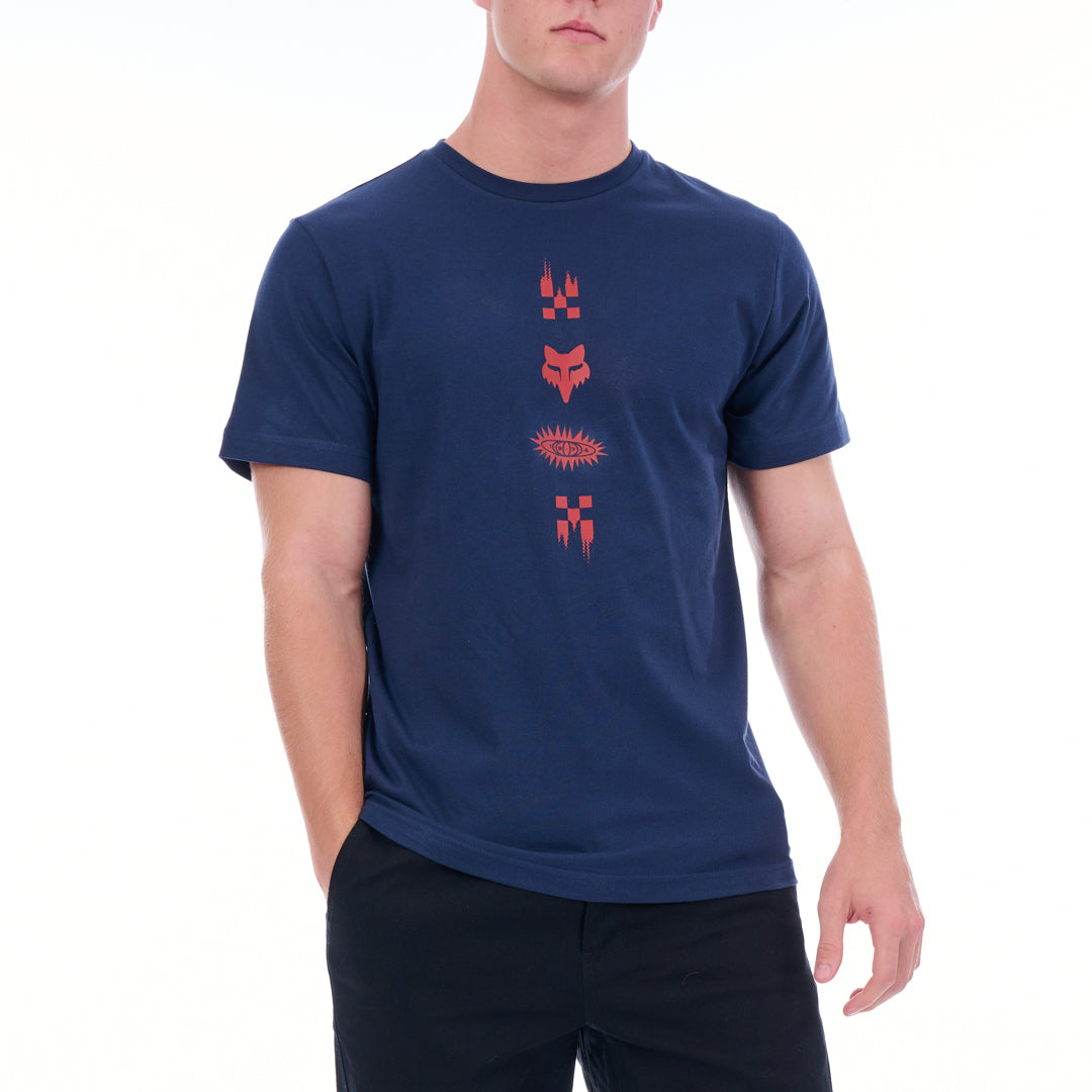 Person wearing a blue t-shirt with red graphics on a white background