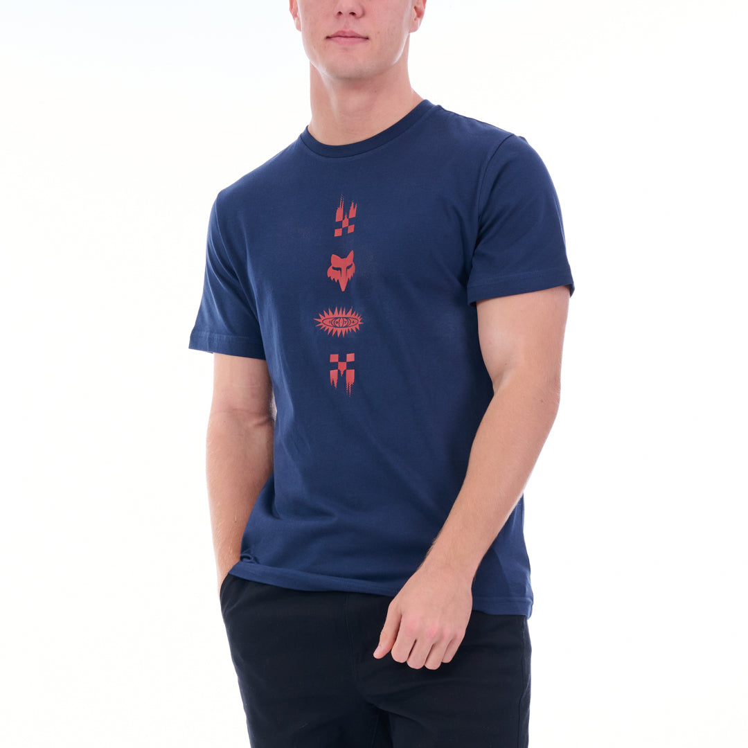 Person wearing a navy blue t-shirt with red graphics on a white background