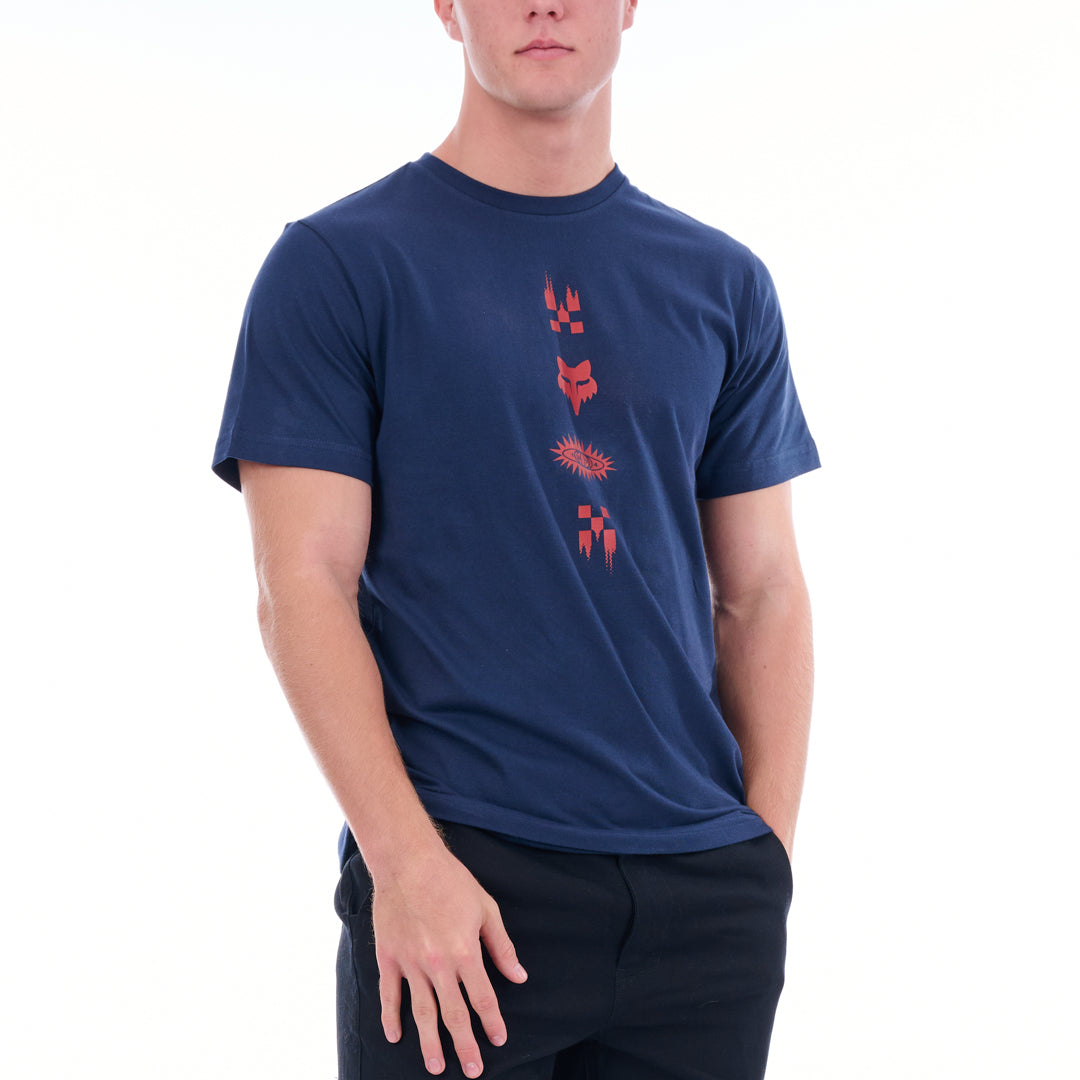 Person wearing a blue t-shirt with red graphics on a white background