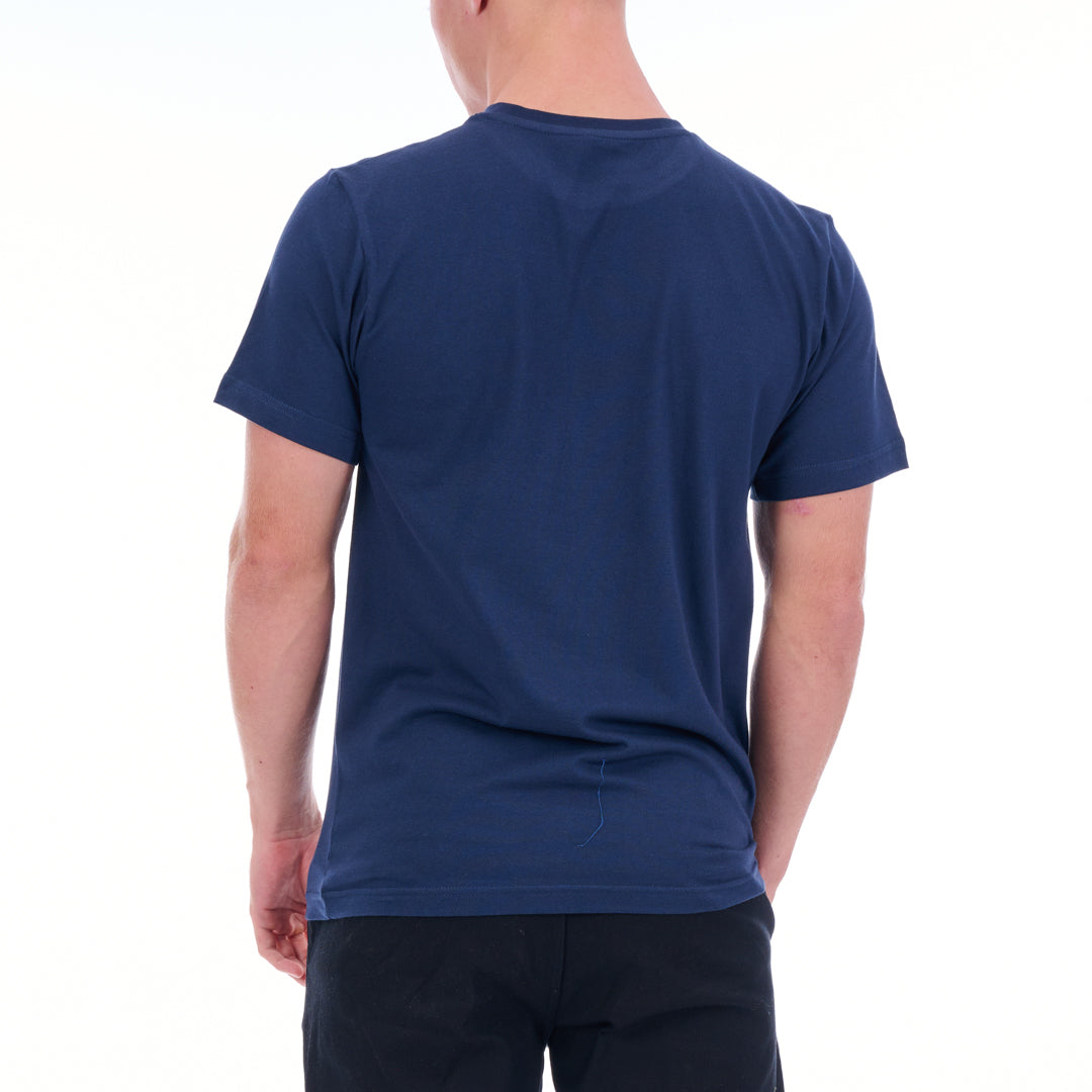 Person wearing a blue t-shirt on a white background