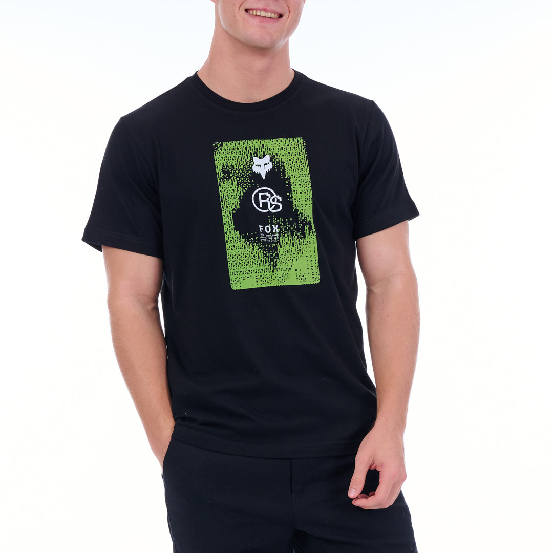 Person wearing a black t-shirt with a green graphic design on a white background