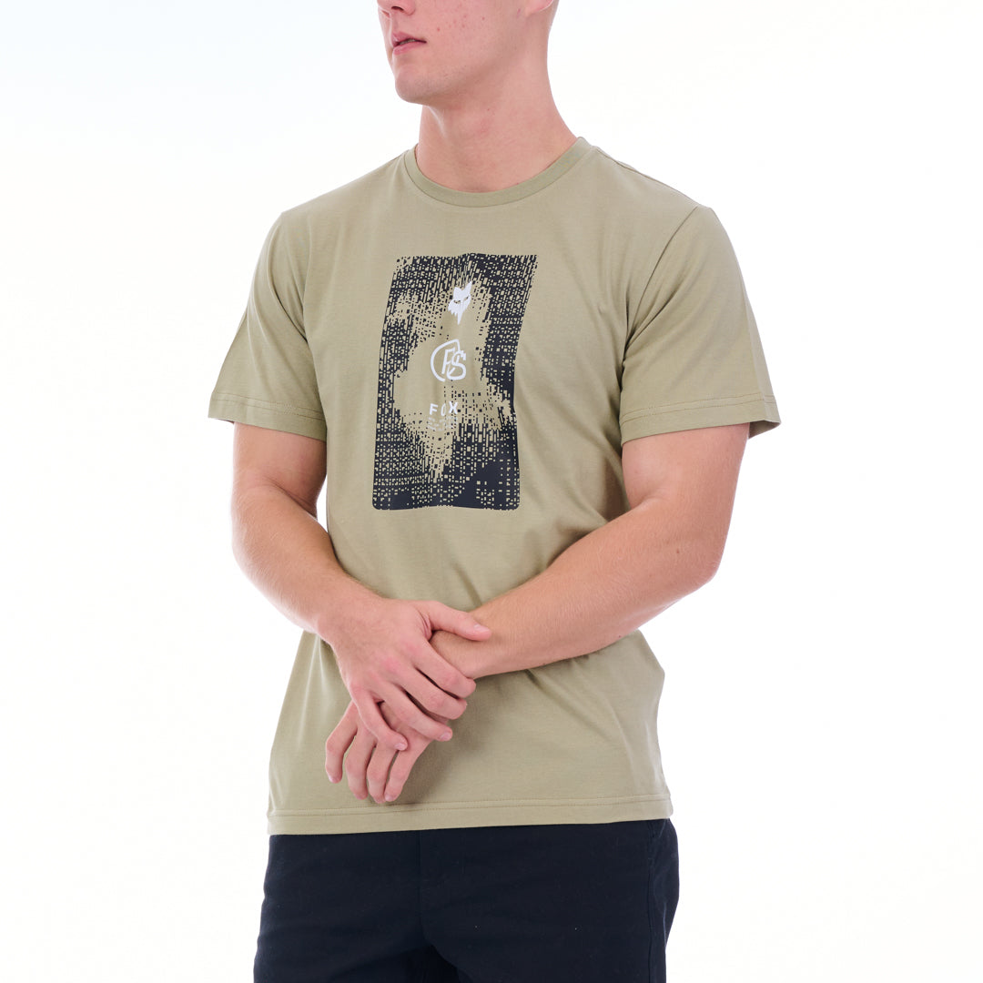 Person wearing a khaki t-shirt with a graphic design on a white background