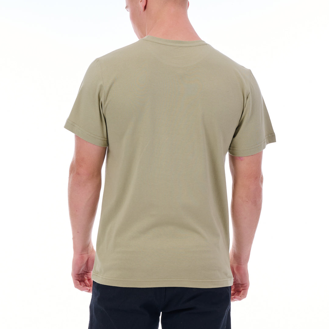 Person wearing a beige t-shirt on a white background