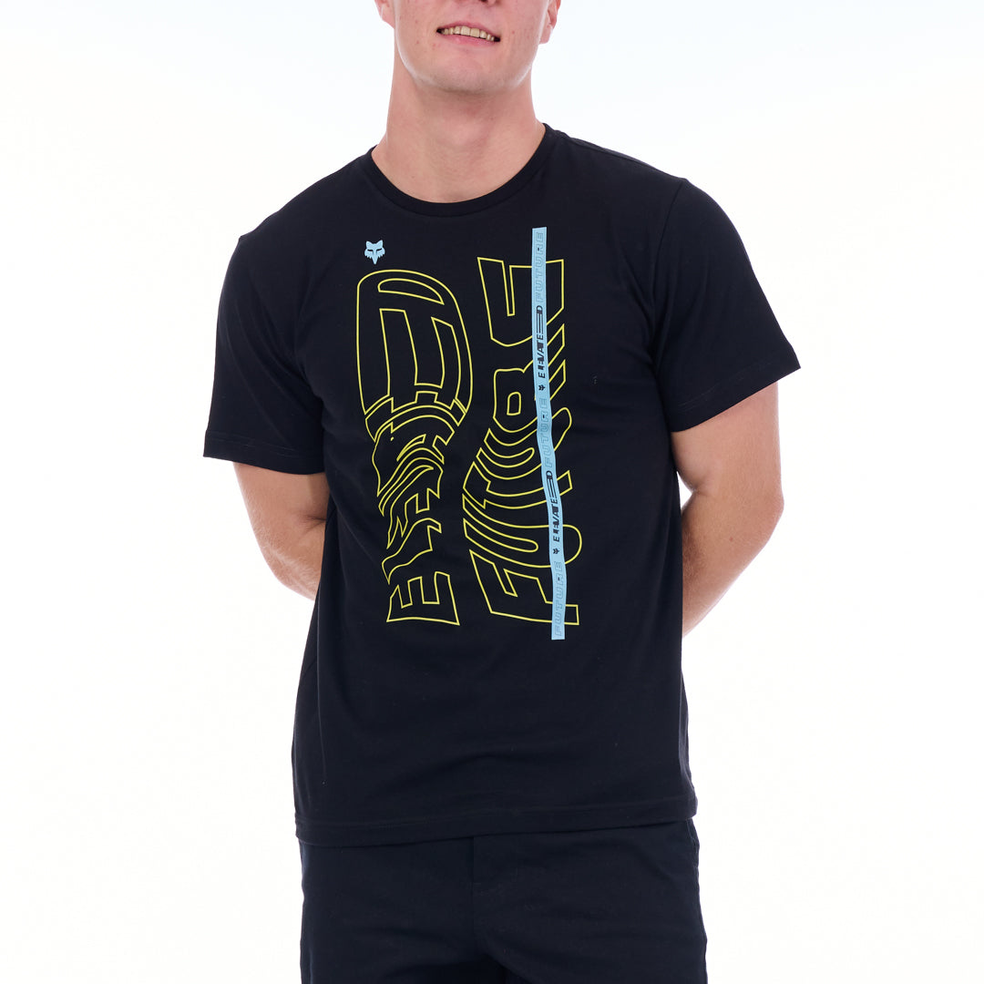 Person wearing a black t-shirt with yellow and white graphics on a white background