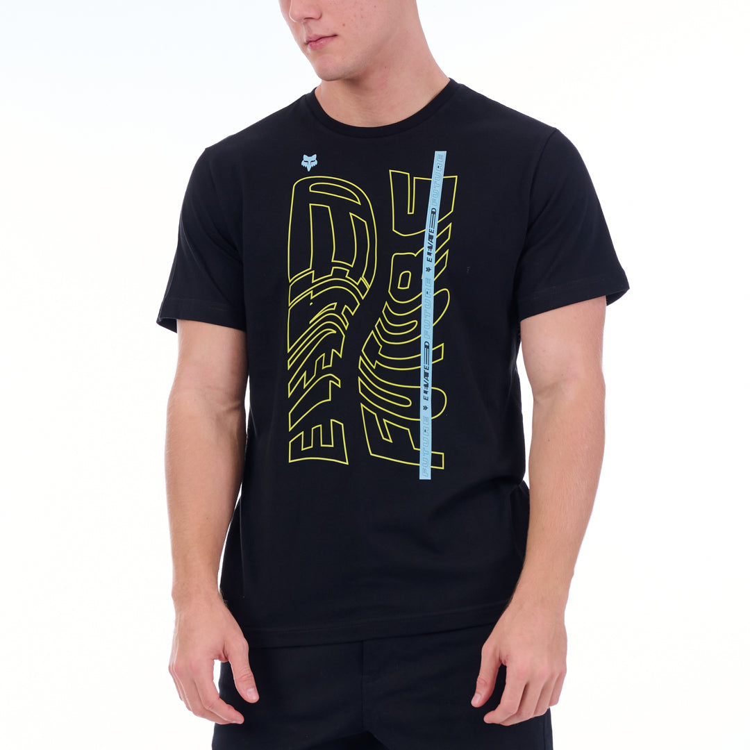 Person wearing a black t-shirt with yellow and white graphics on a white background