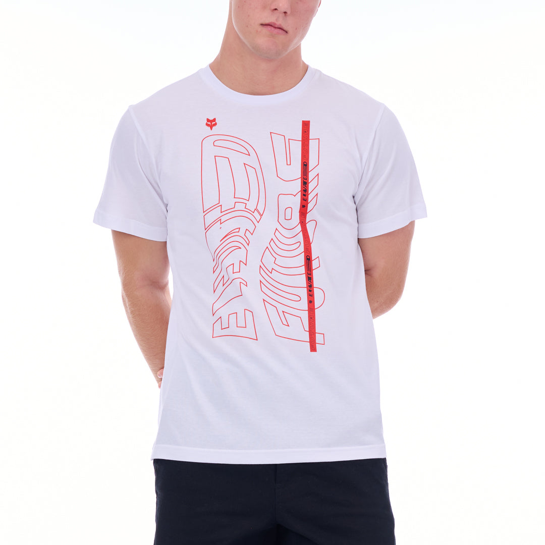 Person wearing a white t-shirt with red graphics on a white background
