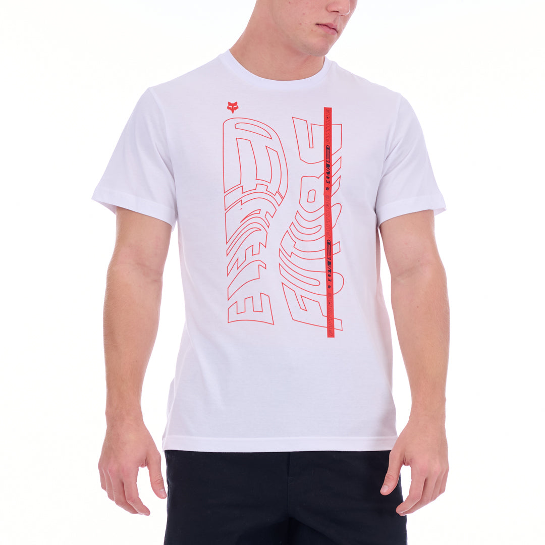 White t-shirt with red graphics worn by a person on a white background