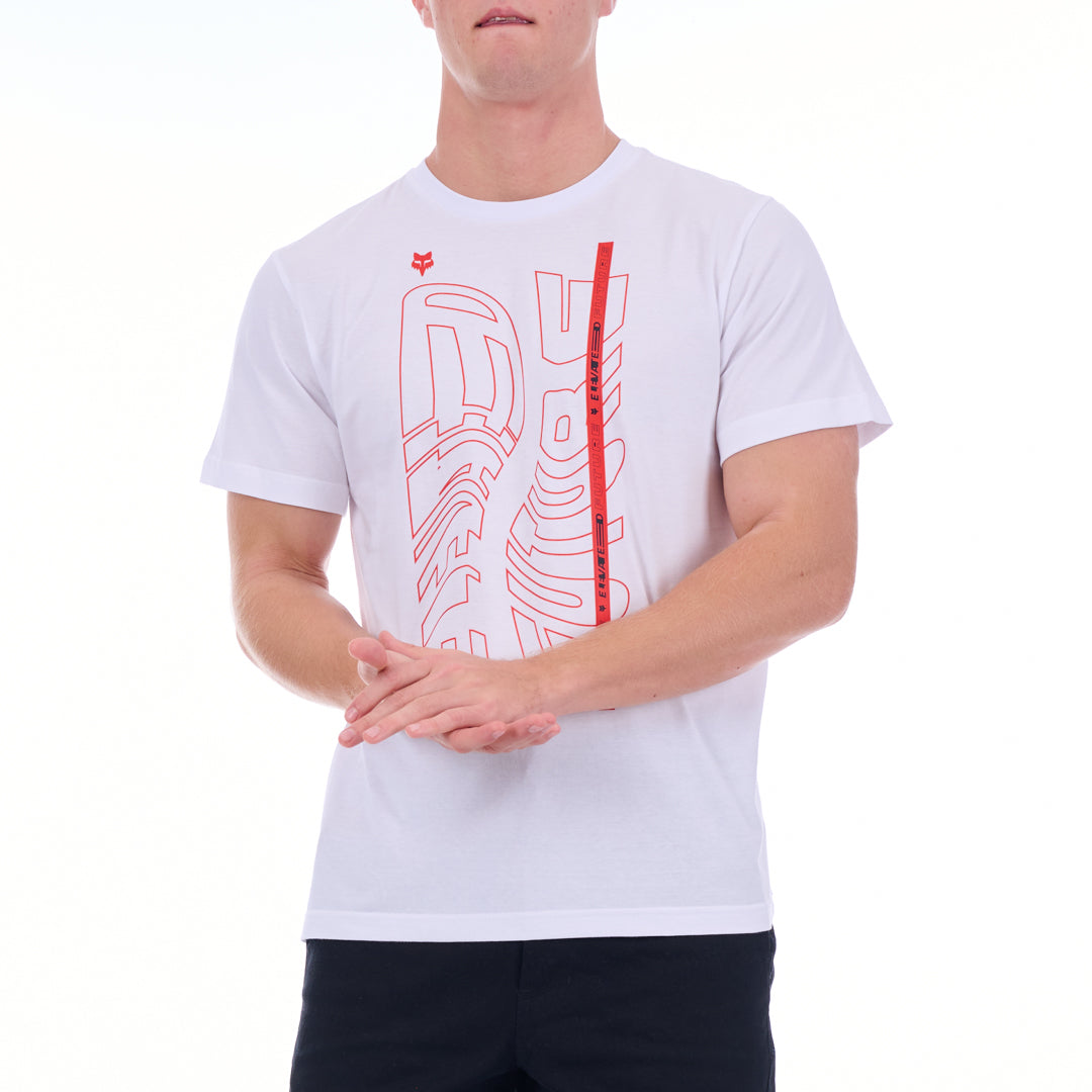 Person wearing a white t-shirt with red graphics on a white background