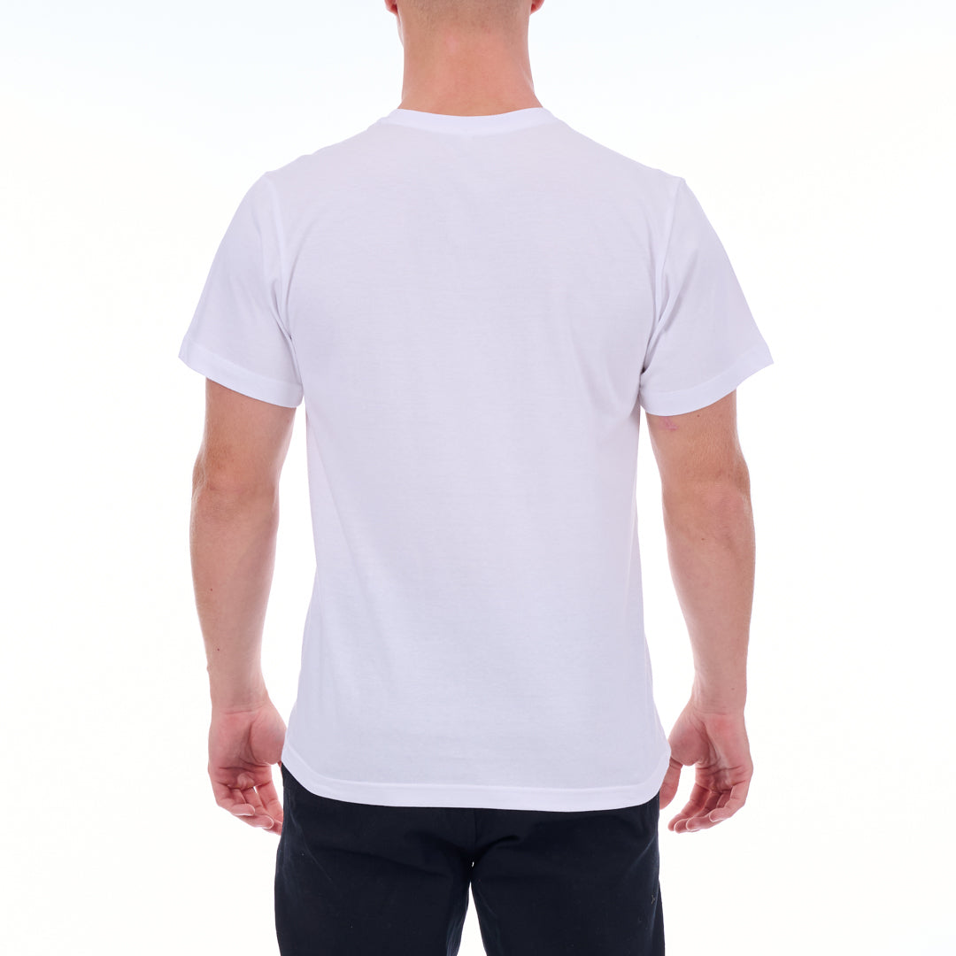Person wearing a plain white t-shirt on a white background