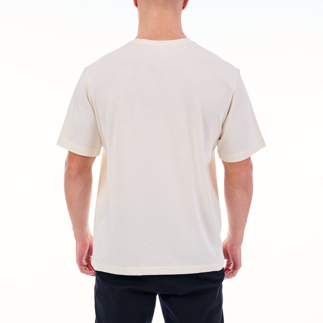 Person wearing a plain white t-shirt on a white background