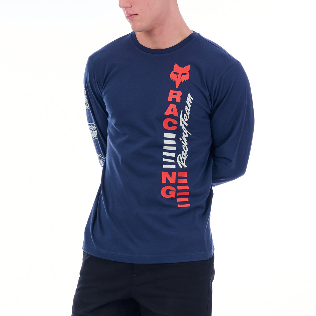 Blue long-sleeve shirt with red and white text and graphics on a white background