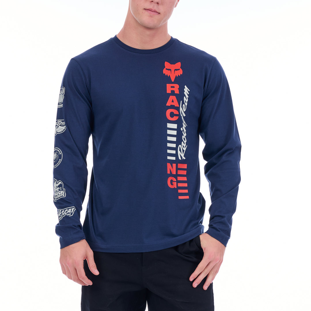 Navy long-sleeve shirt with red and white text and logos on a white background