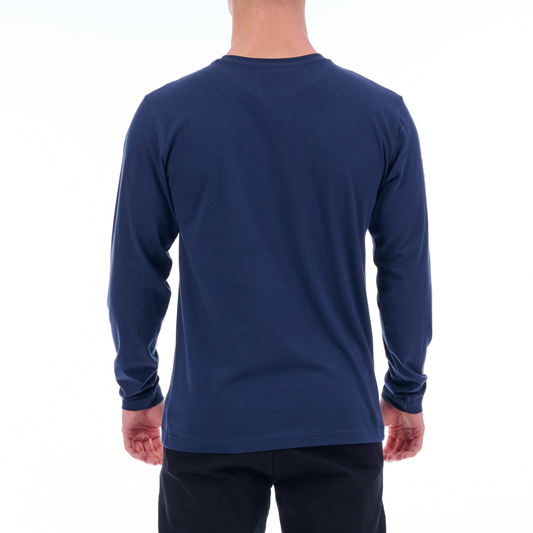 Navy long-sleeve shirt worn by a person on a white background