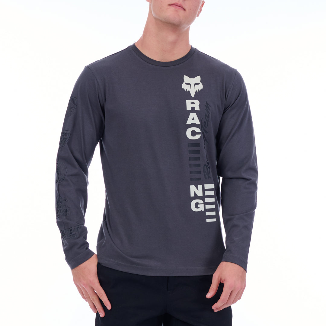Person wearing a dark gray long-sleeve shirt with a logo and text on a white background