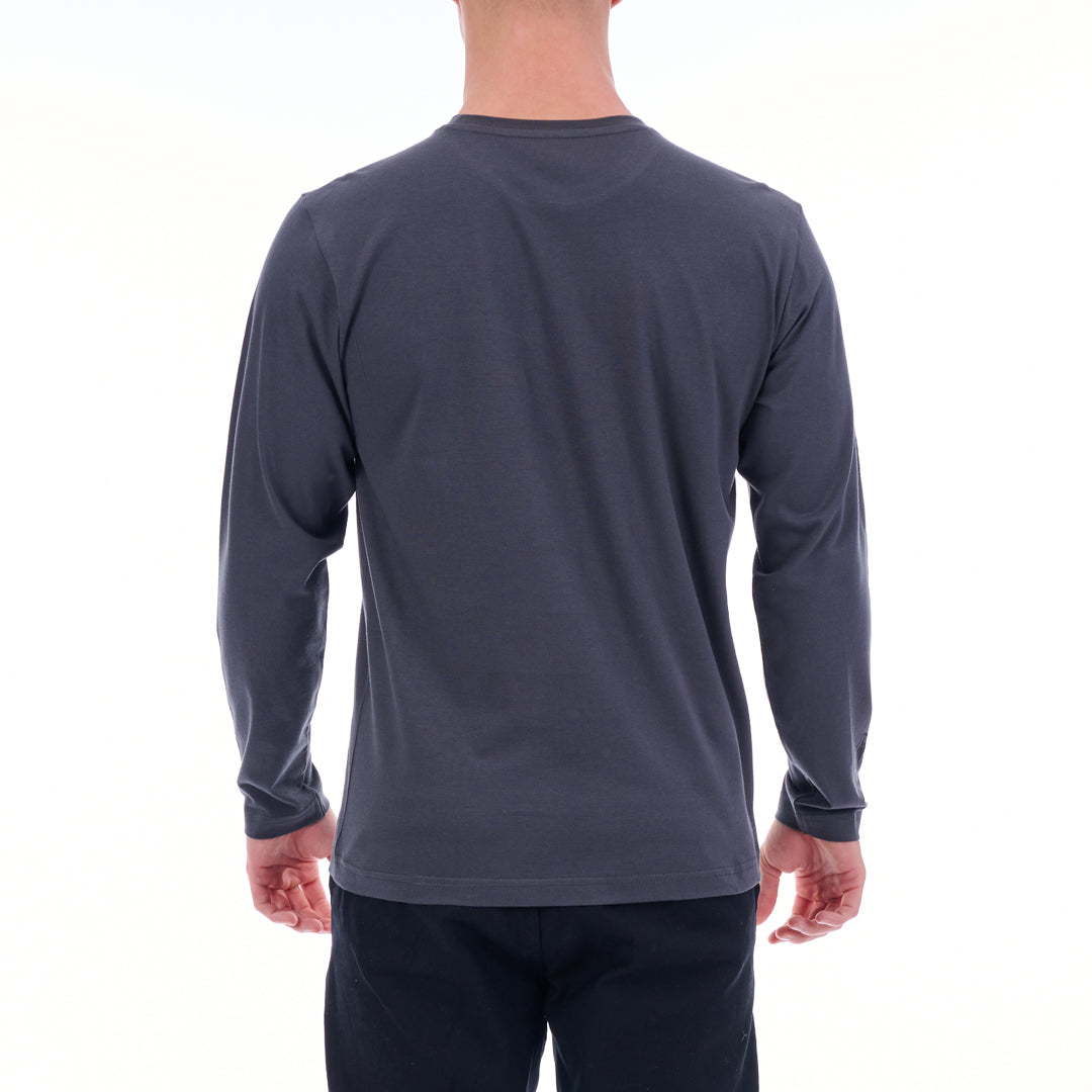 Person wearing a gray long-sleeve shirt on a white background