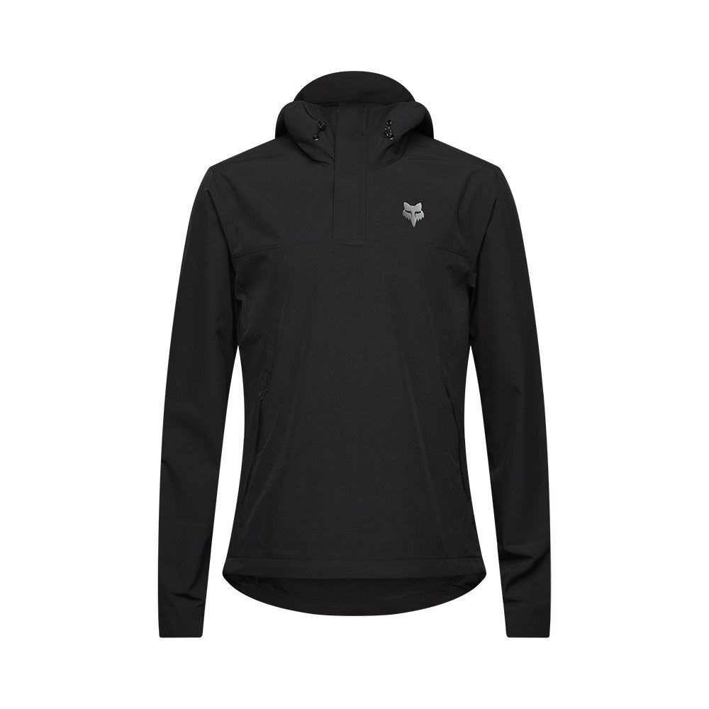 Black hoodie with a small logo on the chest against a white background