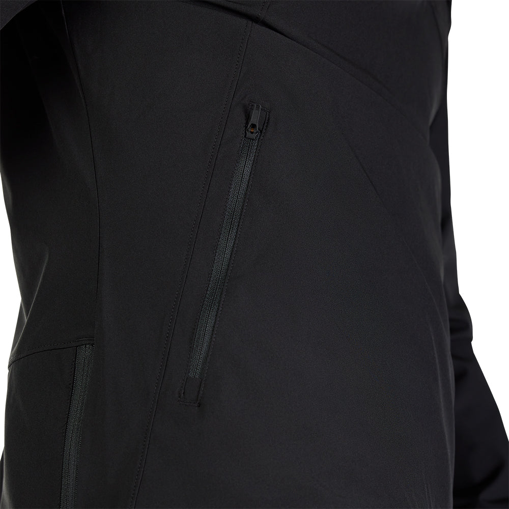 Close-up of a black jacket with a zipper detail on a white background